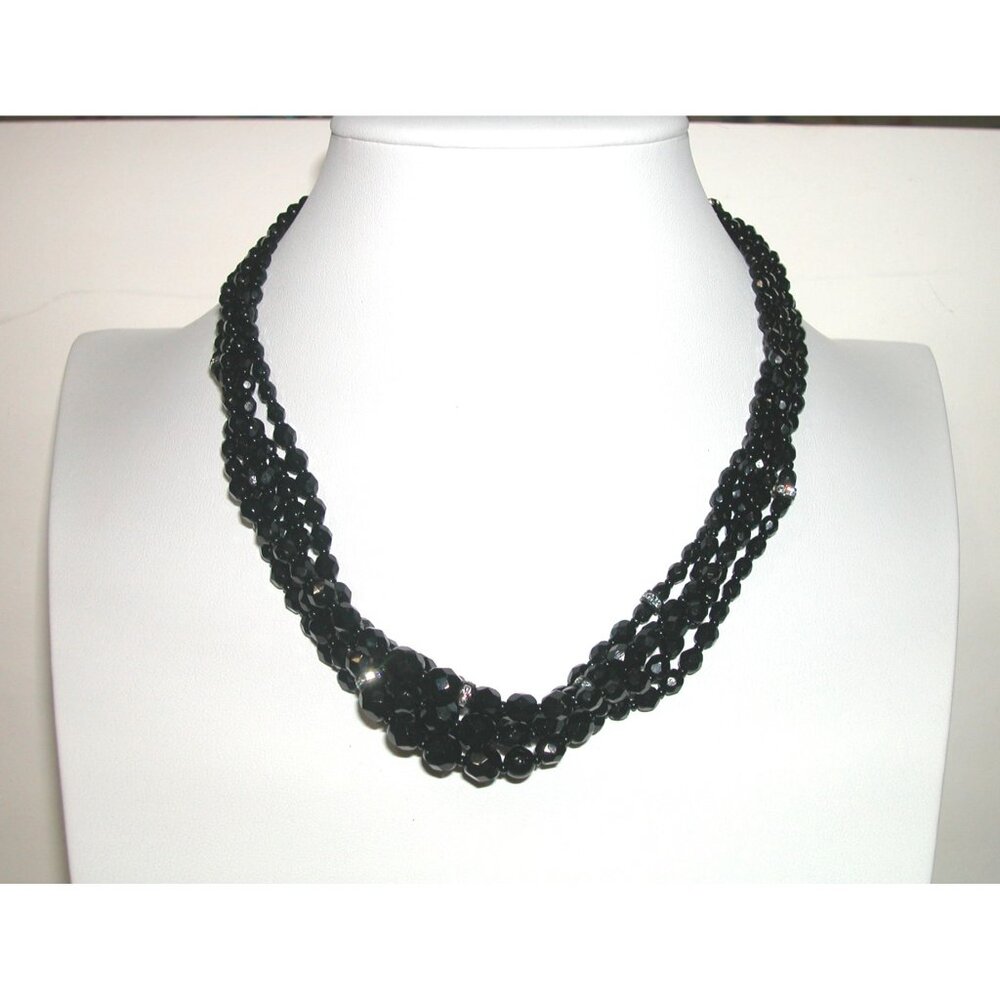 Vintage GLASS  Black Beaded Multi-Strand Necklace With Rhinestone Accents